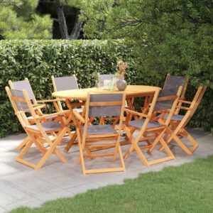 Huron Wooden 9 Piece Outdoor Dining Set In Natural And Grey