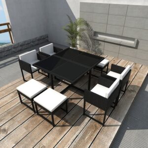 Pearl Rattan 9 Piece Outdoor Dining Set with Cushions In Black