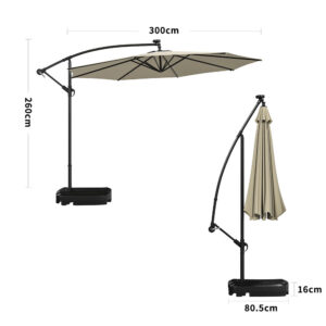 Beige 3m Iron Banana Umbrella Cantilever Garden Parasols with LED Lights