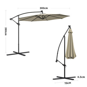 Beige 3m Iron Banana Umbrella Cantilever Garden Parasols with LED Lights