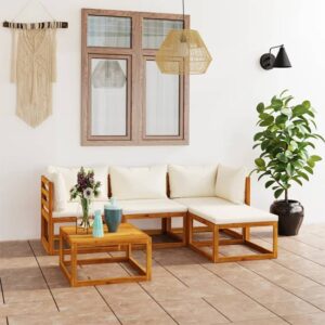 Basile Solid Wood 5 Piece Garden Lounge Set With Cream Cushions