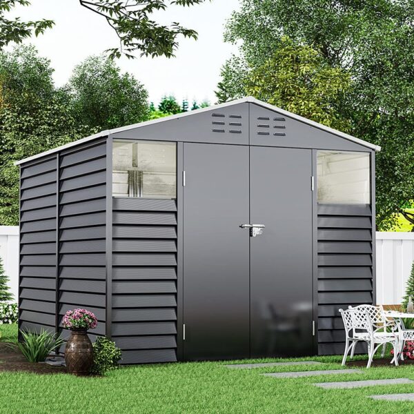 Charcoal Steel Tool Shed with Front Windows and Ventilation