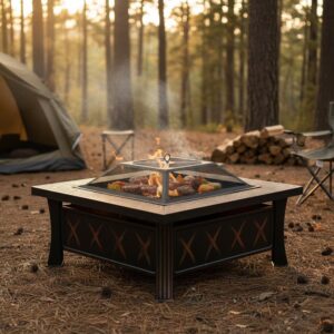 80cm Vintage-Style Outdoor Fire Pit & BBQ Grill | Square Fire Bowl for Garden & Camping