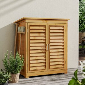 97cm H Wood Outdoor Solid Wood Storage Cabinet Garden Tool Shed