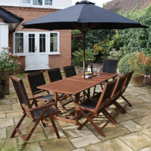 Boarhunt Wooden Garden Extending Dining Set With Parasol In Brown