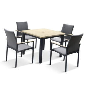 Vega Wooden Garden Dining Set With Parasol In Oak Grey