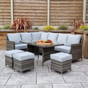 Enola Glass Top Garden Dining Set With 3 Ottomans In Grey
