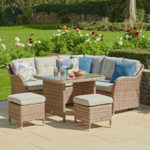 Marfa Glass Top Garden Dining Set With 2 Ottomans In Sand