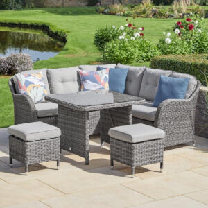 Marfa Glass Top Garden Dining Set With 2 Ottomans In Stone