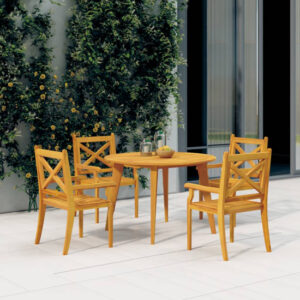 Narvon Large Round Wooden 3 Piece Garden Dining Set In Natural