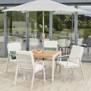 Porto Aluminium Garden 4 Seater Dining Set with Parasol in Ligh Grey and Oak